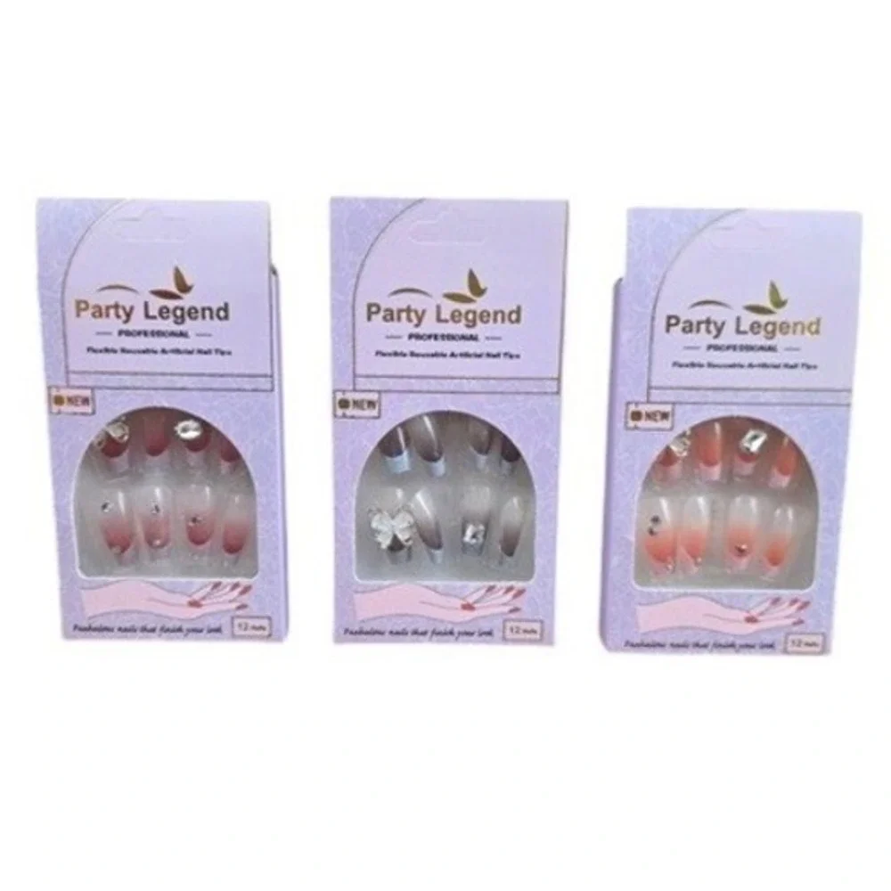 Party Legend Artificial Nail Tips 12ct Multicolor New Ombre Butterfly Rhinestone